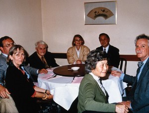 view Joseph Needham (centre) with scholars of Chinese history and sciences. Colour photograph, 1988.