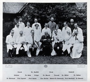 view Professor Paul Ehrlich and colleagues. Photograph, ca. 1930, after a photograph, ca. 1913.