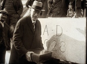 view President Goodnow at the laying of a cornerstone, presumably at Johns Hopkins University, Baltimore. Photograph, 1928.