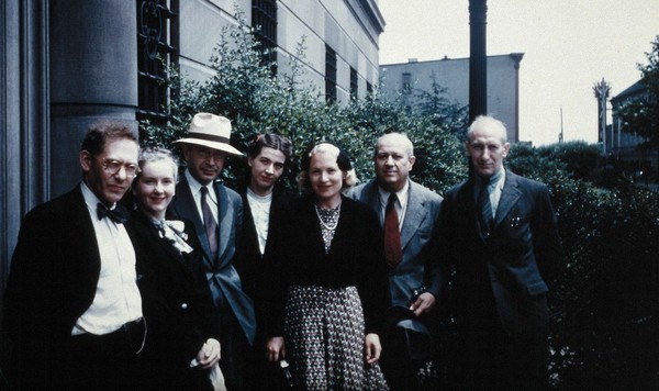 Johns Hopkins University, Baltimore: the Institute for the History of Medicine: staff standing outside. Colour photograph, 1947.