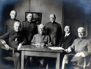 view The National Council of Defence Medical Board during World War One, chaired by General Gorgas (centre). Photograph by Harris & Ewing, 1914/1918.