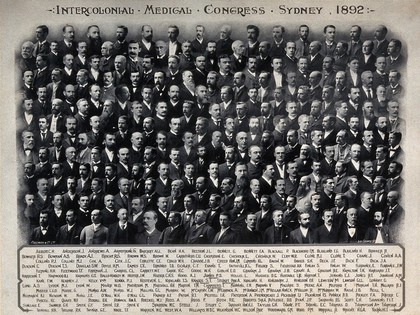 Intercolonial Medical Congress of Australasia, Sydney, 1892: delegates: group portrait. Photograph of a photomontage, 1892.