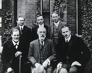 view Sigmund Freud, Stanley Hall, Carl Gustav Jung, Abraham Arden Brill, Ernest Jones and Sándor Ferenczi. Photograph, 1909.