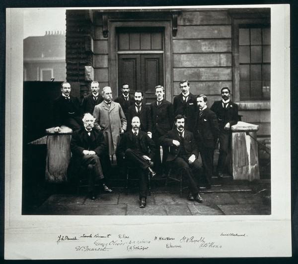 Sir Edward Albert Sharpey-Shafer and his staff at University College London about 1895. Photograph.