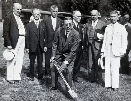 Henry Solomon Wellcome and others at a "Ground Breaking Exercise" of the American Pharmaceutical Association. Photograph, 1932.