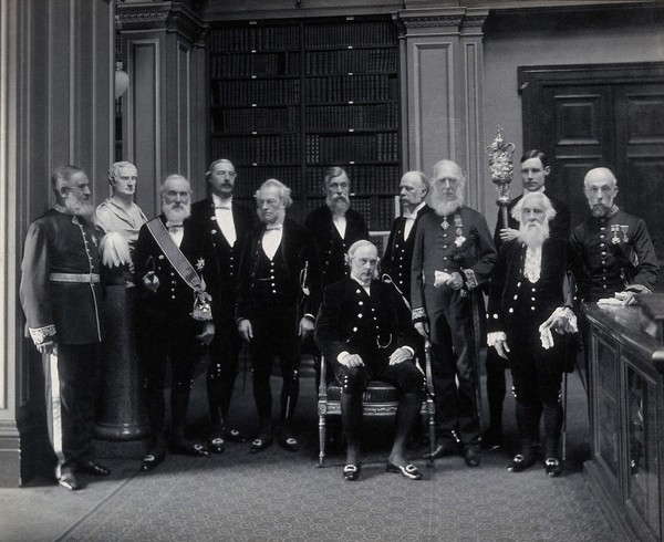 Fellows of the Royal Society: Sir John Evans, bust of Sir Isaac Newton, Lord Kelvin, R.B. Clifton, G.G. Stokes, Sir Michael Foster, Lord Lister, Arthur W. Rucker, Sir J.D. Hooker, Sir William Huggins, Sir W.T. Thiselton Dyer. Photograph by Mayall.