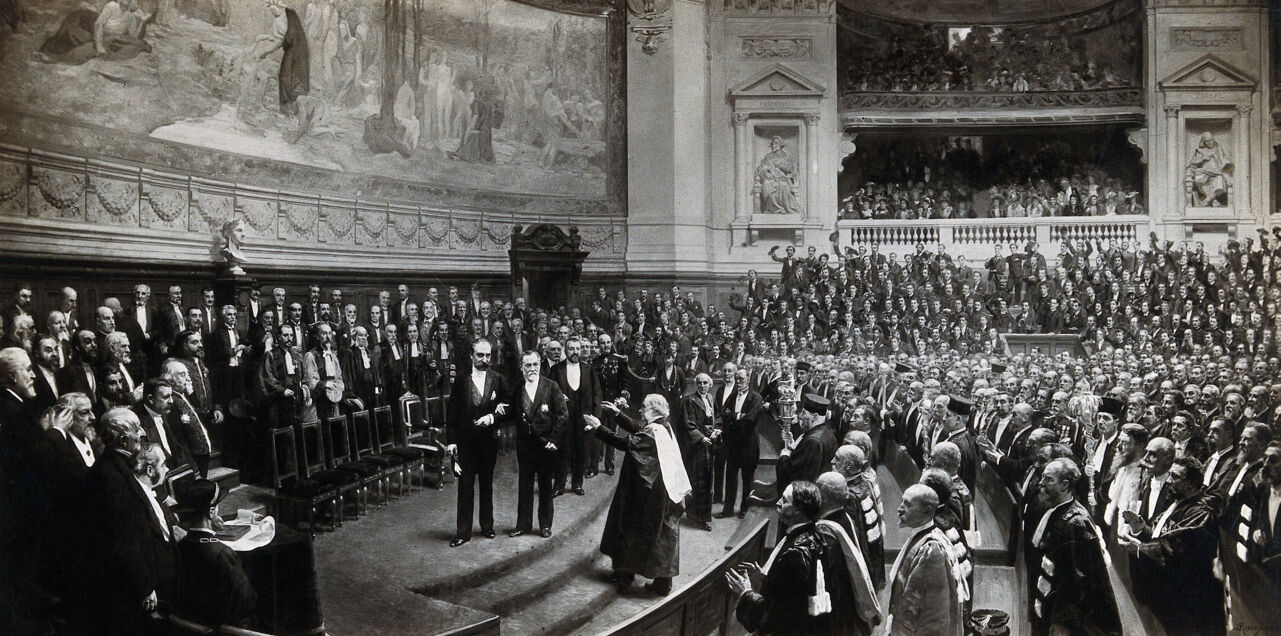 Joseph Lister, Baron Lister acclaims Louis Pasteur at Pasteur's Jubilee, Paris, 1892. Photograph after a painting by Jean-André Rixens., by Jean-André Rixens