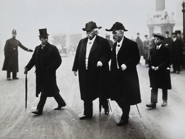 Jean Baptiste Auguste Chauveau and Gabriel Lippmann at the funeral of Joseph Lister. Photograph by Topical Press Agency, 1912.