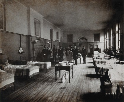 Lister and his assistants in the Victoria ward, King's College Hospital Male surgical ward. Photograph after Barraud's Ltd., 1890.