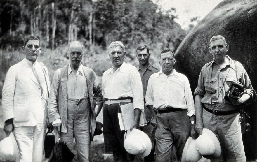 Sir Ronald Ross, J.W. Scharff and four others. Photograph.
