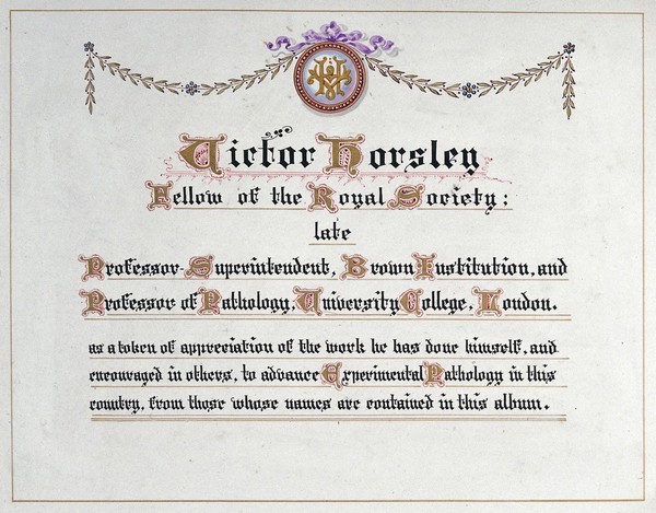 Title page for the Victor Horsley album. Drawing.