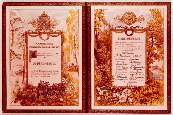 Paul Ehrlich: his Nobel Prize citation, 29 October 1908. Colour photograph.