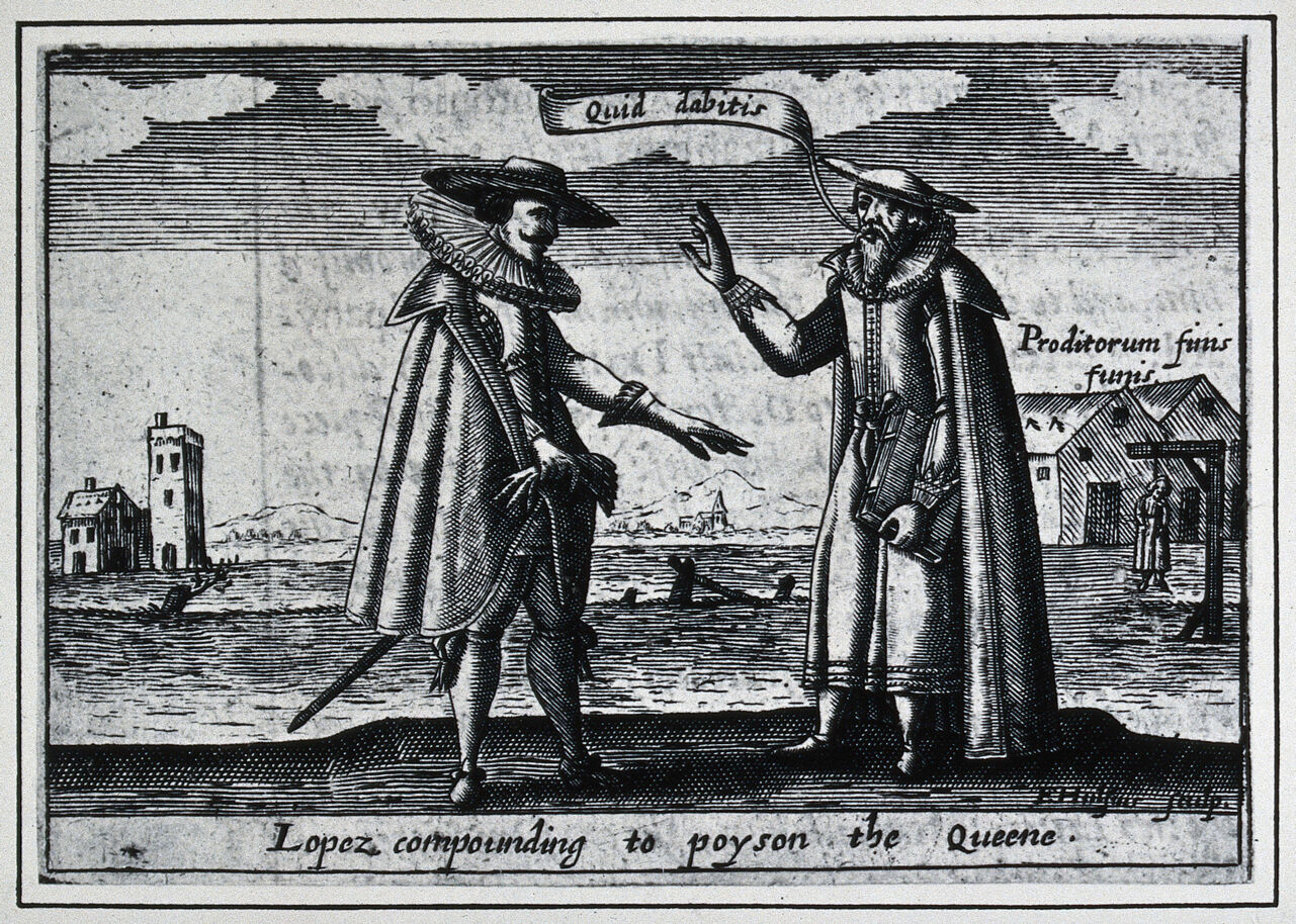 Roderigo Lopez: he conspires to poison Queen Elizabeth I and is hanged. Photograph after an engraving by F. van Hulsen, 1627., by Friedrich van Hulsen