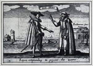 view Roderigo Lopez: he conspires to poison Queen Elizabeth I and is hanged. Photograph after an engraving by F. van Hulsen, 1627.