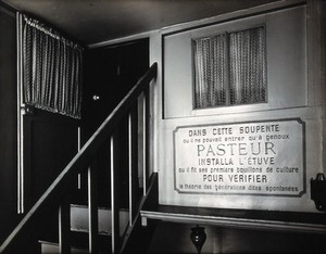 view Louis Pasteur: the attic in which he cultured broth designed to test the theory of spontaneous generatation. Photograph.