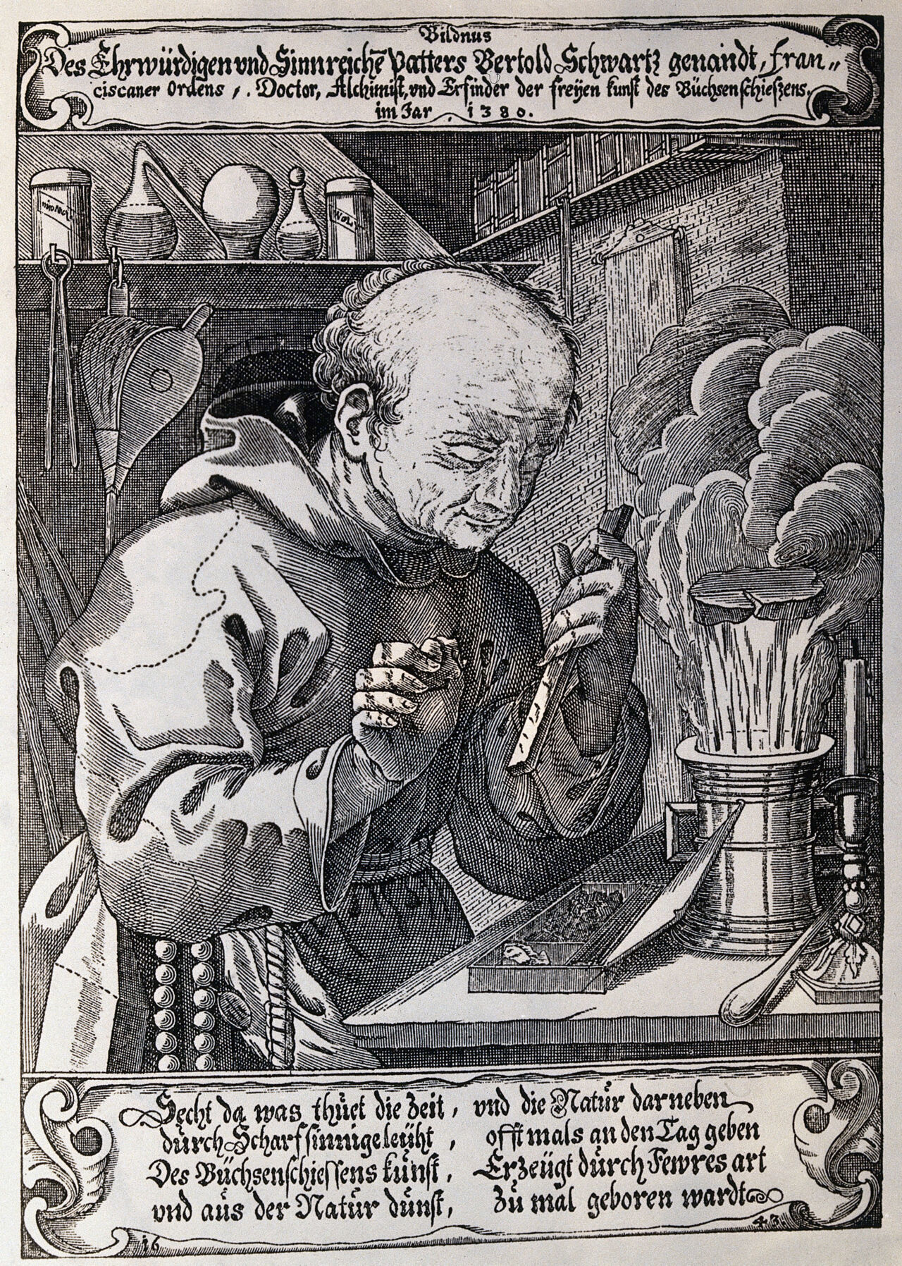 Berthold Schwartz. Photograph after an engraving by Raphael Custos, 1643., by Raphael Custos