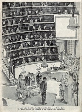 Ferdinand Sauerbruch addressing a class in the new lecture hall: the University Surgical Clinic of the Charité Hospital, Berlin. Process print after M. Koser, ca. 1935.