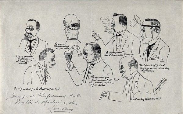 Professors at the Medical Faculty, University of Louvain: seven caricatures. Drawing (?) by G. Parsy, ca. 1900 (?).