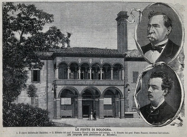 The Istituto dei Rachitici, Bologna, with portraits of Francesco Rizzoli and Pietro Panzeri. Wood engraving (?), 1896.