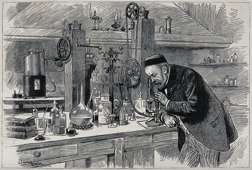 Louis Pasteur in his laboratory, looking through a microscope. Wood engraving (?), 1885.