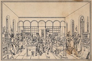 view Justus von Liebig and colleagues at work in the analytical laboratory in Giessen. Lithograph (?) after W. Trautschold, ca. 1840 (?).