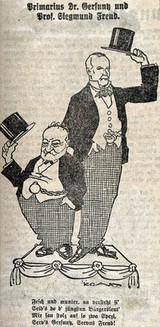 Robert Gersuny and Sigmund Freud: caricatured, standing on a dais in formal dress, raising their top hats. Line block, 1924.