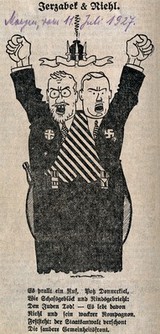 Dr Anton Jerzabek and Dr Walter Riehl, caricatured as conjoined Nazi supporters, shouting and raising their fists. Line block, 1927.