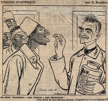 Émile Marchoux placing a quinine tablet in a Senegalese man's open mouth. Process print after A. Barrère, 1931.