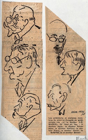 view First French Congress of Gynaecology: six delegates. Process print after J.-E. Marcel, 1932.