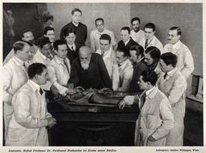 view Ferdinand Hochstetter demonstrating anatomy to his students. Process print, ca. 1930.