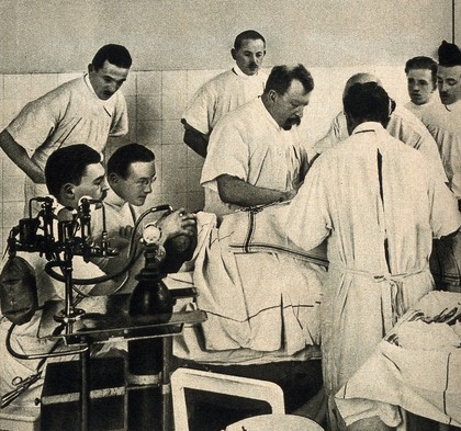 Otto Hildebrand performing a surgical operation. Process print, 1927.