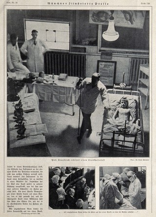 Above, Ferdinand Sauerbruch discussing a case; below left, a section of the audience; below right, a surgical operation. Process print after photographs by E. Salomon, 1930.