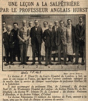 Sir Arthur Hurst with a group of British and Parisian doctors, on the occasion of his visit to the Salpêtrière Hospital, Paris. Process print, 1928.