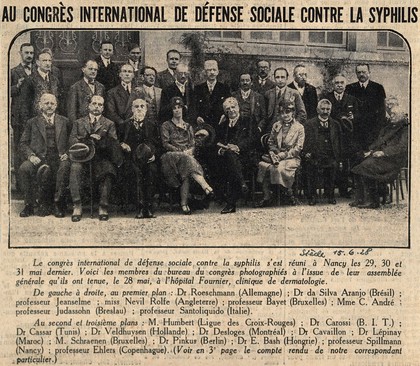 International congress on the social control of syphilis: the organising committee seated outside the Dermatology Clinic, hôpital Fournier, Nancy. Process print, 1928.