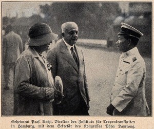 view Congress on Tropical Medicine, Bangkok : Albrecht Eduard Bernhard Nocht with his wife (?) and Phya Damrong Baedyagun. Process print, 1930.