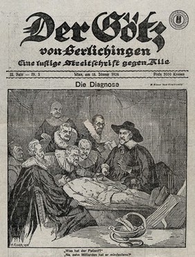 Parody of the Anatomy lesson of Dr Tulp, representing contemporary politicians (?) in Vienna. Process print after H. Einer after Rembrandt van Rijn, 1924.