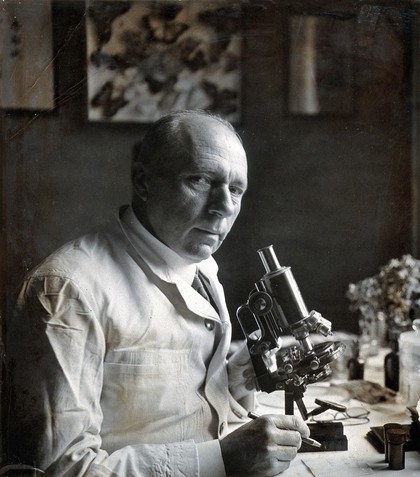Peter Mühlens, seated, with a microscope. Photograph, ca. 1930.