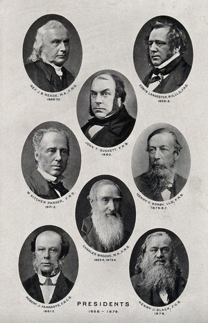 view Royal Microscopical Society Presidents, 1858-1878: eight portraits. Photolithograph, ca. 1880.