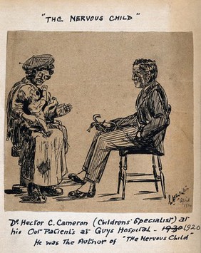 Hector C. Cameron is consulted by a mother with a crying baby at his Guy's Hospital Out Patient clinic. Drawing by L. V. Watson (?), 1920.