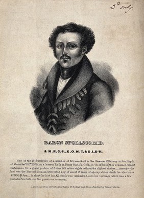 Baron Spolasco, a survivor of the shipwreck of the Steamer Killarney in 1838. Lithograph, ca. 1840, after a painting by Fabroni, 1830/1840.