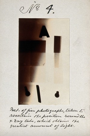 view Light emitted by Röntgen Ray Tubes: letters and shapes. Photoprint from radiograph, by James Wimshurst, 1898.