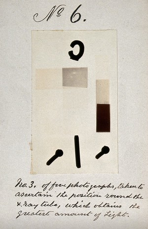 view Light emitted by Röntgen Ray Tubes: letters and shapes. Photoprint from radiograph, by James Wimshurst, 1898.