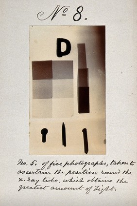 Light emitted by Röntgen Ray Tubes: letters and shapes. Photoprint from radiograph, by James Wimshurst, 1898.