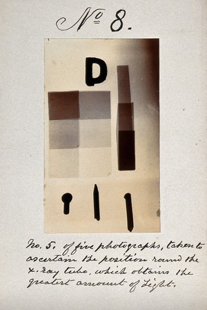 view Light emitted by Röntgen Ray Tubes: letters and shapes. Photoprint from radiograph, by James Wimshurst, 1898.