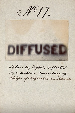 view Light emitted by Röntgen Ray Tubes, reflected by a mirror: the word "diffused". Photoprint from radiograph, by James Wimshurst, 1898.