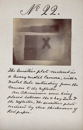 Light emitted by Röntgen Ray Tubes: the letter "X" and shapes. Photoprint from radiograph, by James Wimshurst, 1898.