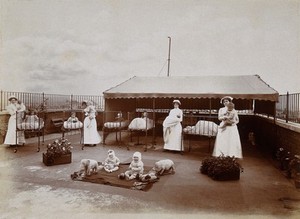 view Great Northern Central Hospital, Holloway Road, London: the roof garden to the Annie Zunz ward for children. Photograph, 1912.