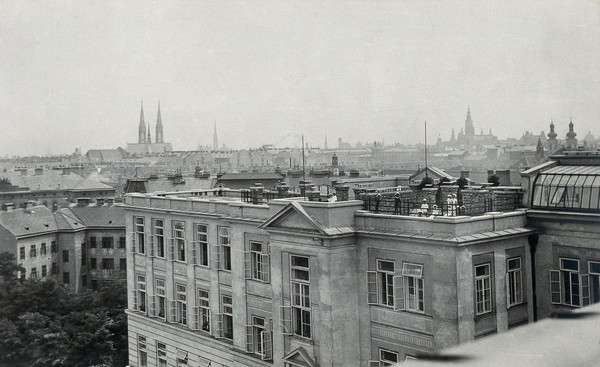 University Children's Hospital, Vienna: children and nurses on the roof garden, overlooking south-east Vienna. Photograph, 1921.