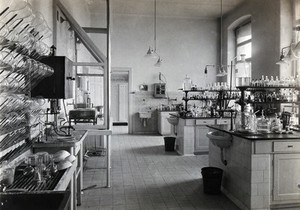 view University Children's Hospital, Vienna: work benches in the laboratory. Photograph, 1921.