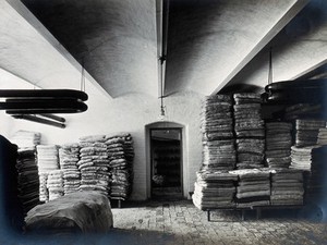 view University Children's Hospital, Vienna: a storage space for bed linen, pillows and mattresses. Photograph, 1921.